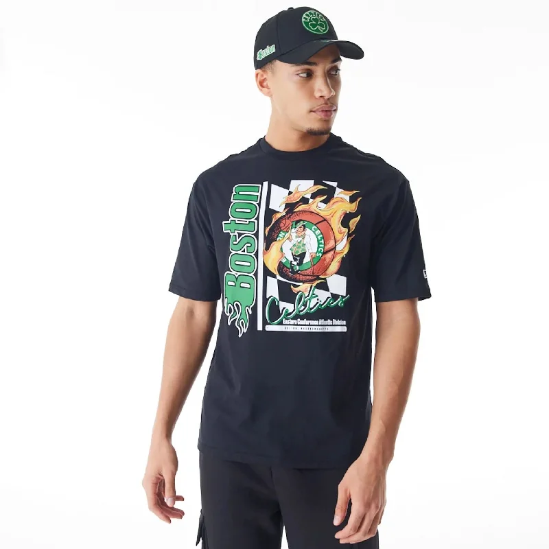 Boston Celtics NBA Flame Print Black Oversized T-Shirt