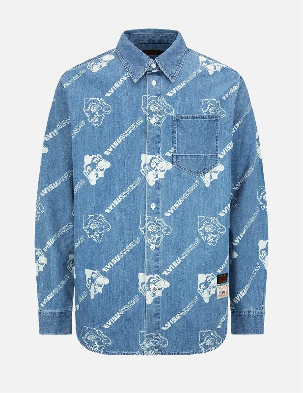 Allover Godhead and Logo Discharged  Print Denim Shirt