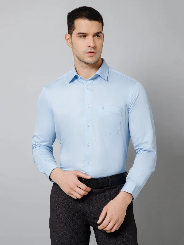 Men's Light Blue Party Plain Full Sleeve Shirt