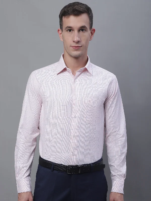 Men's Light Pink Formal Medium Checks Textured Full Sleeve Shirt