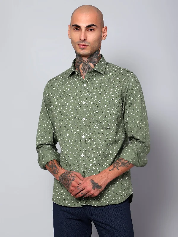 Men's Light Green Casual Floral Ditsy Print Full Sleeve Shirt