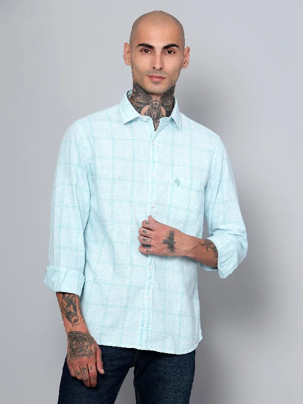 Men's Mint Blue Casual Big Checks Full Sleeve Shirt