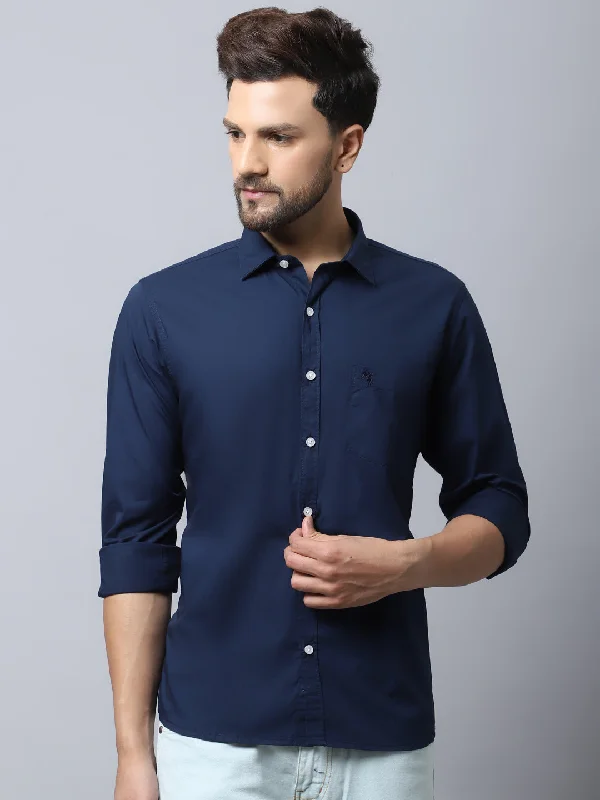 Men's Navy Blue Casual Plain Stretch Full Sleeve Shirt