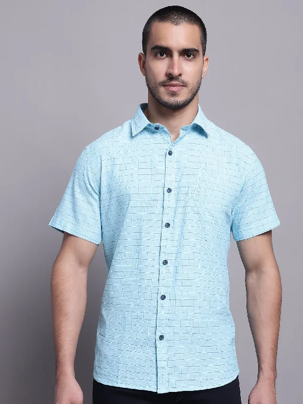 Men's Mint Blue Casual Medium Checks Half Sleeve Shirt