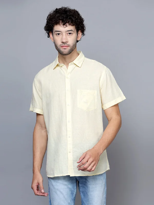 Men's Light Yellow Casual Plain Half Sleeve Shirt