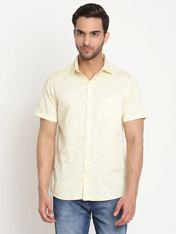 Men's Lemon Yellow Casual Ditsy Print Half Sleeve Shirt