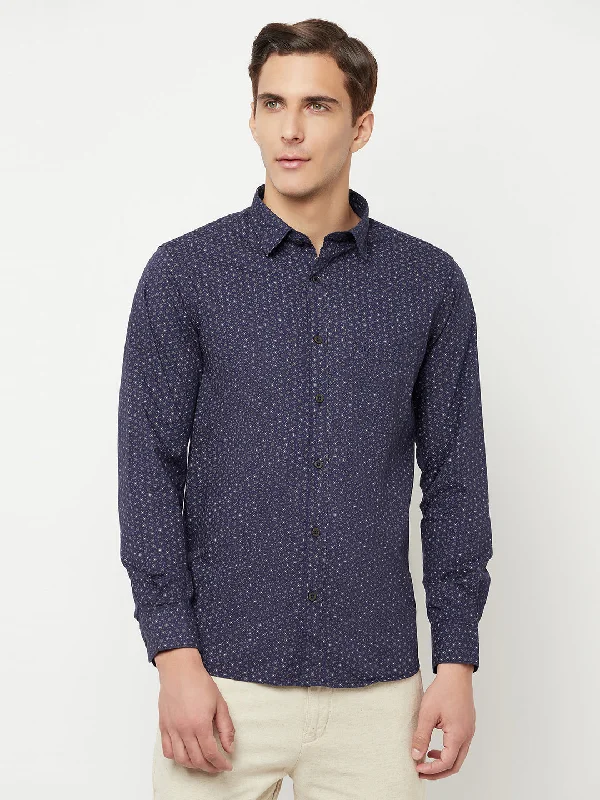 Men's Navy Blue Casual Floral Print Full Sleeve Shirt