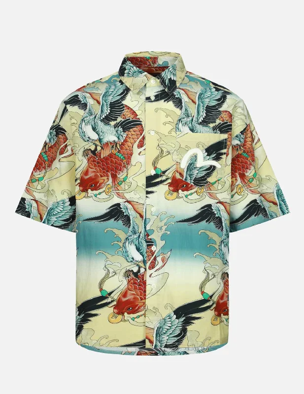 Colorful Seagull and Carp Print Loose Fit Short Sleeve Shirt