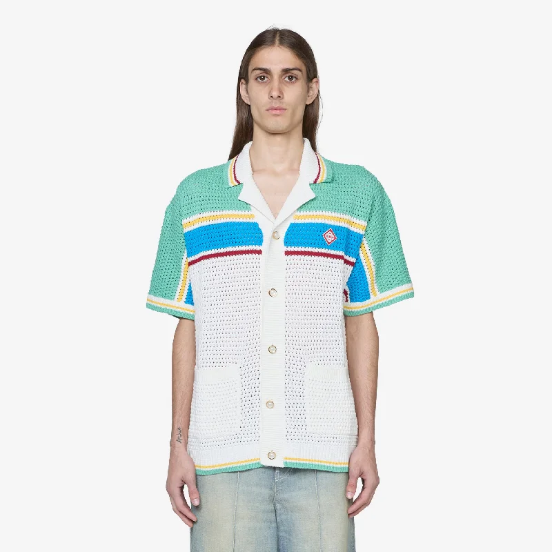 Crochet Effect Tennis Shirt White | Blue Multi