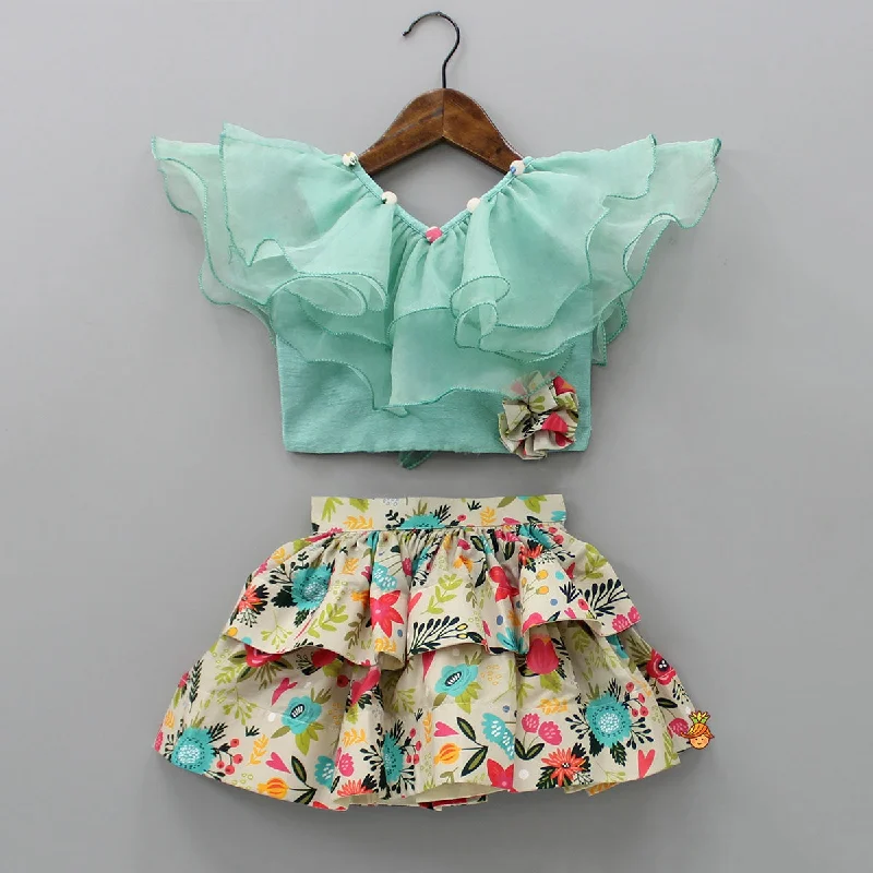 Frilly Top And Floral Printed Layered Short Skirt