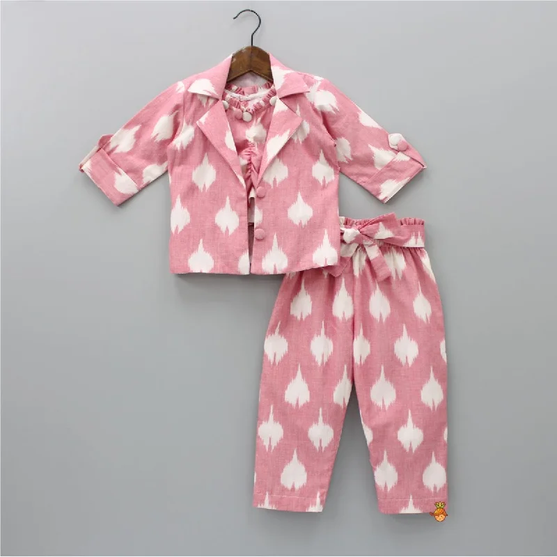 Ikkat Printed Cotton Baby Pink Top With Notch Collar Jacket And Knot Detail Pant