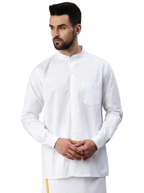 Men 100% Cotton White Shirt Full Sleeves Chinese Collar