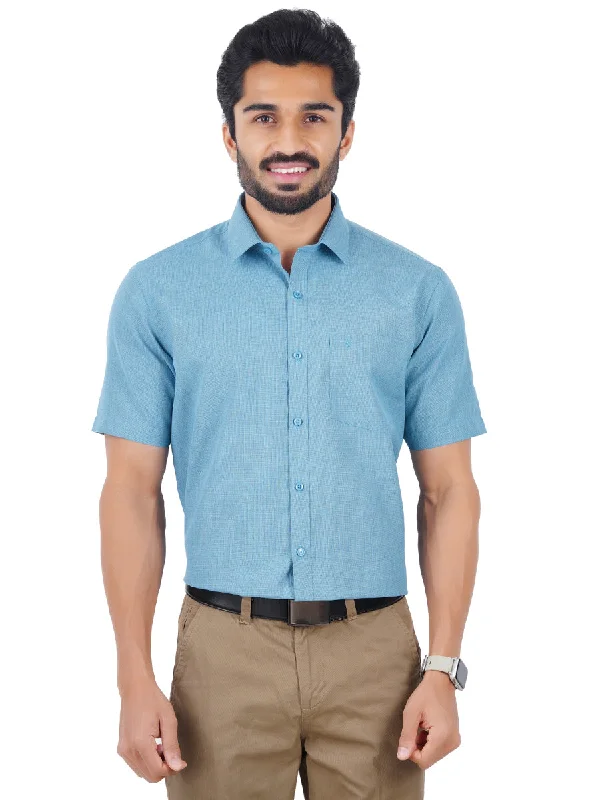 Men Cotton Rich Half Sleeve Shirt Dark Sky Blue T12 CK3