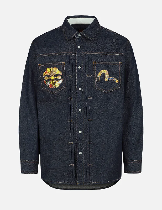 Samurai-pattern Kamon and Seagull Denim Shirt