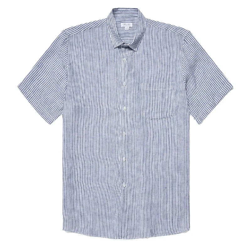 Sunspel SS Italian Linen Shirt Navy / White Linen Stripe