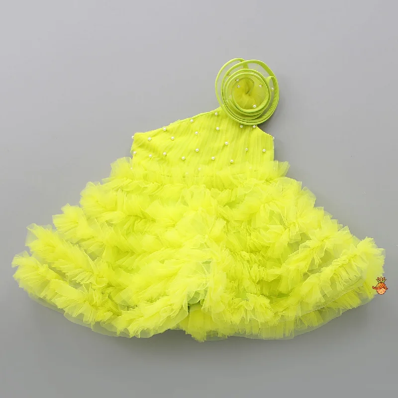 Swirl Frilled One Shoulder Lime Green Dress